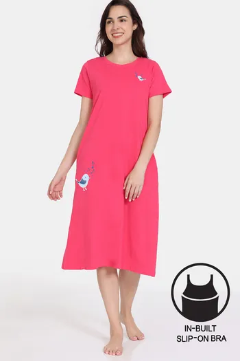 Buy Zivame Tell A Tale Knit Cotton Mid Length Nightdress - Paradise Pink
